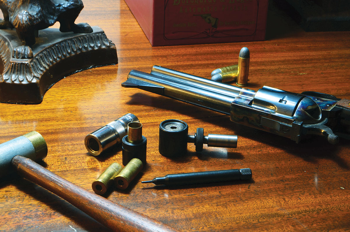 A Colt New Frontier SAA with a 5½-inch barrel in 45 Colt. The Lee Loader produces these, just like the old days.